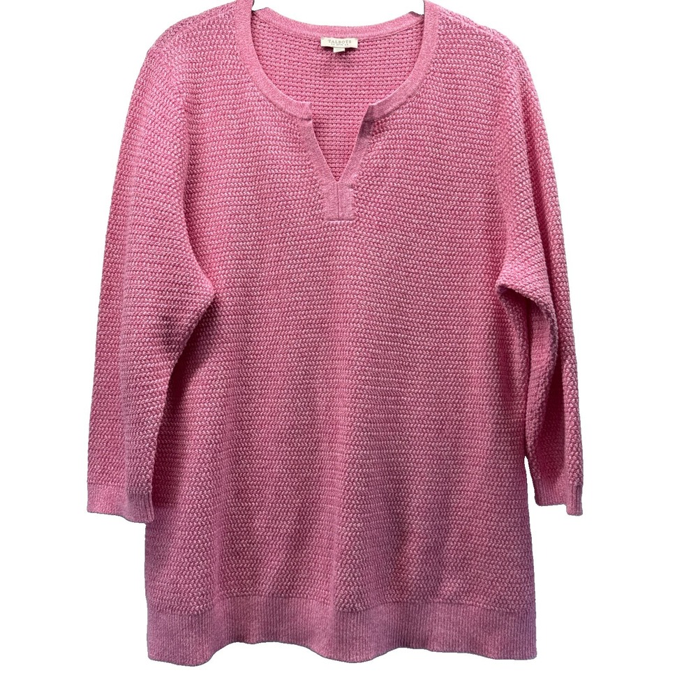 Talbots Women's Sweater Top Sz Large Petite PL Solid Pink Knit 3/4 Sleeve V Neck
